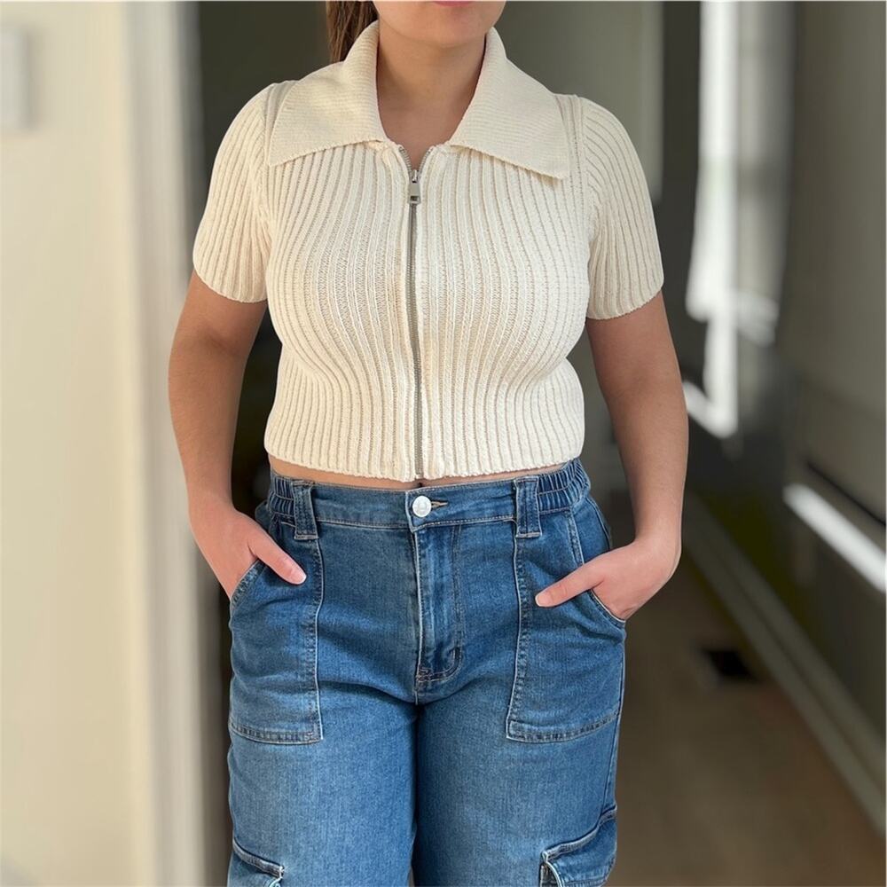 NEW Zara Chenille Zip-Up Short Sleeve Cropped Sweater M Cream